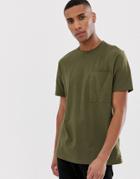Asos Design Organic Relaxed T-shirt With Pocket In Khaki-green