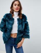 Jayley Luxurious Chevron Stripe Fur Jacket - Green