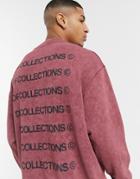 Asos Dark Future Washed Sweatshirt In Burgundy With Repeat Back Logo Print-red