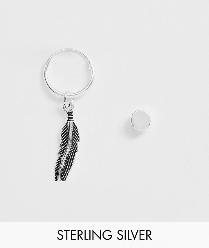 Asos Design Sterling Silver Hoop And Stud Earrings With Feather In Burnished Silver