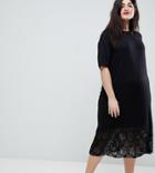 Asos Curve Midi T-shirt Dress With Pleated Lace Hem - Black
