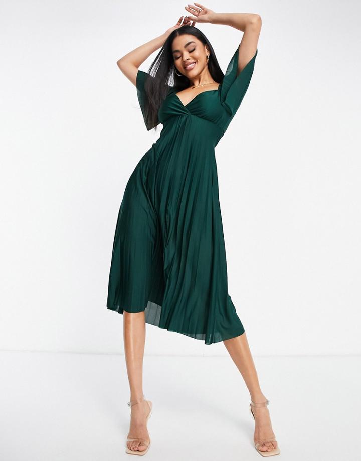 Asos Design Pleated Twist Back Cap Sleeve Midi Dress In Forest Green