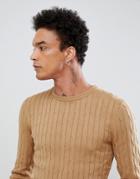 Gianni Feraud Premium Muscle Fit Stretch Crew Neck Cable Sweater - Brown