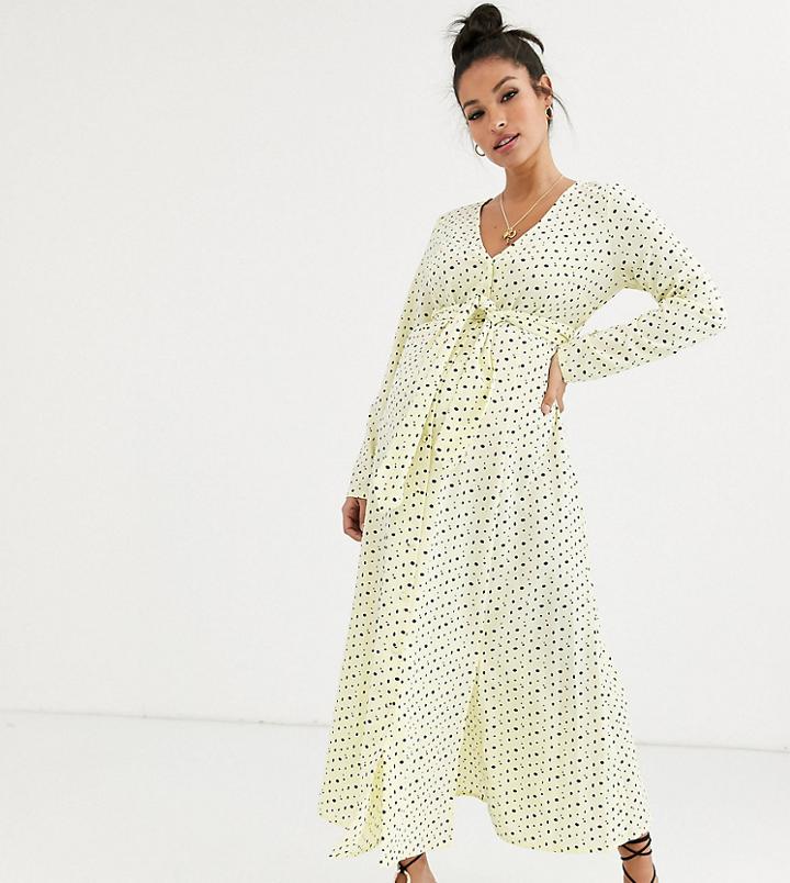 Asos Design Maternity Midi Dress With Buckle Belt In Polka Dot
