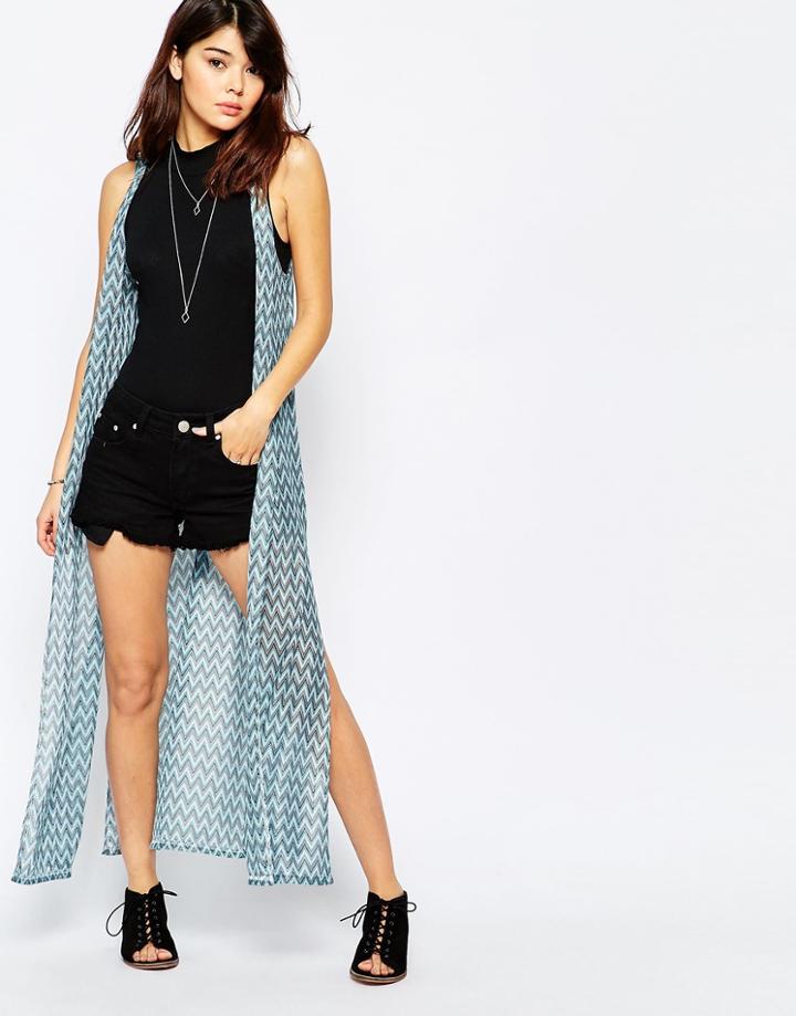 Brave Soul Sleeveless Maxi Cardigan In Zig Zag Print - Blue