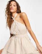 Asos Design Knot Halter Mini Sundress With Double Layer Skirt In Stripe-multi