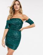 Club L London Fallen Shoulder Bardot Sequin Mini Dress In Green