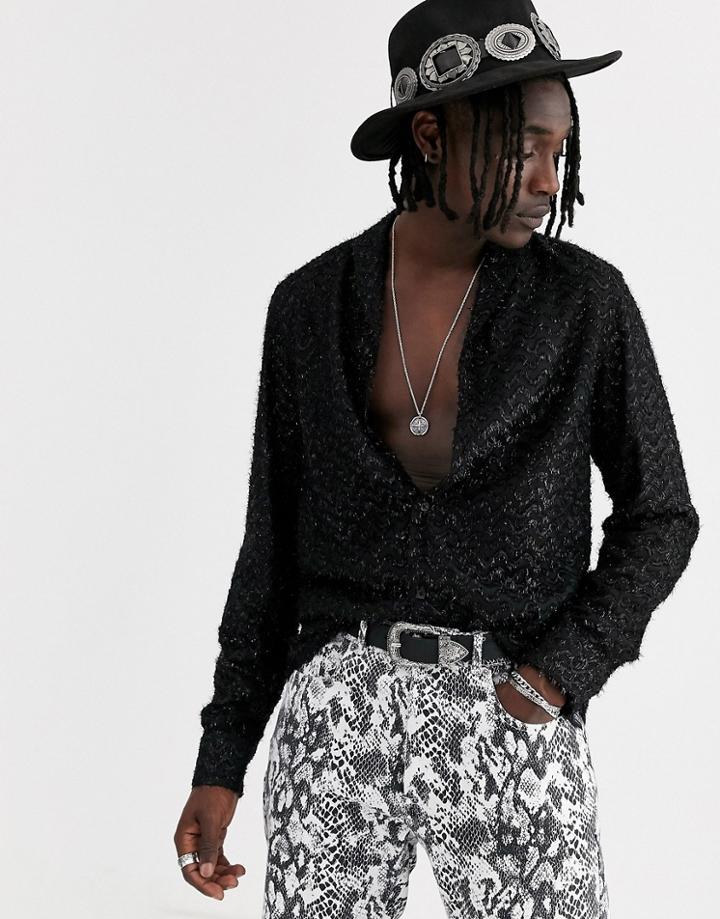 Asos Design All Over Regular Fit Fringed Shirt With Shawl Collar In Black
