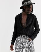 Asos Design All Over Regular Fit Fringed Shirt With Shawl Collar In Black