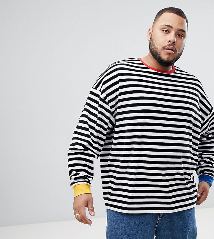 Asos Design Plus Oversized Stripe Velour Long Sleeve T-shirt With Contrast Ribs - Black