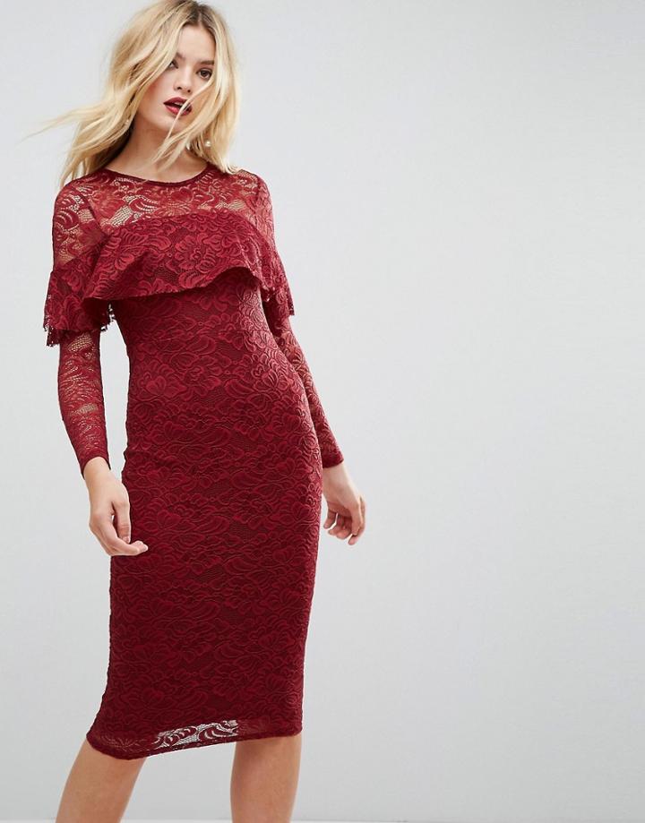 Asos Midi Lace Pencil Dress With Long Sleeves And Frill Detail - Red