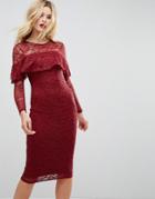 Asos Midi Lace Pencil Dress With Long Sleeves And Frill Detail - Red