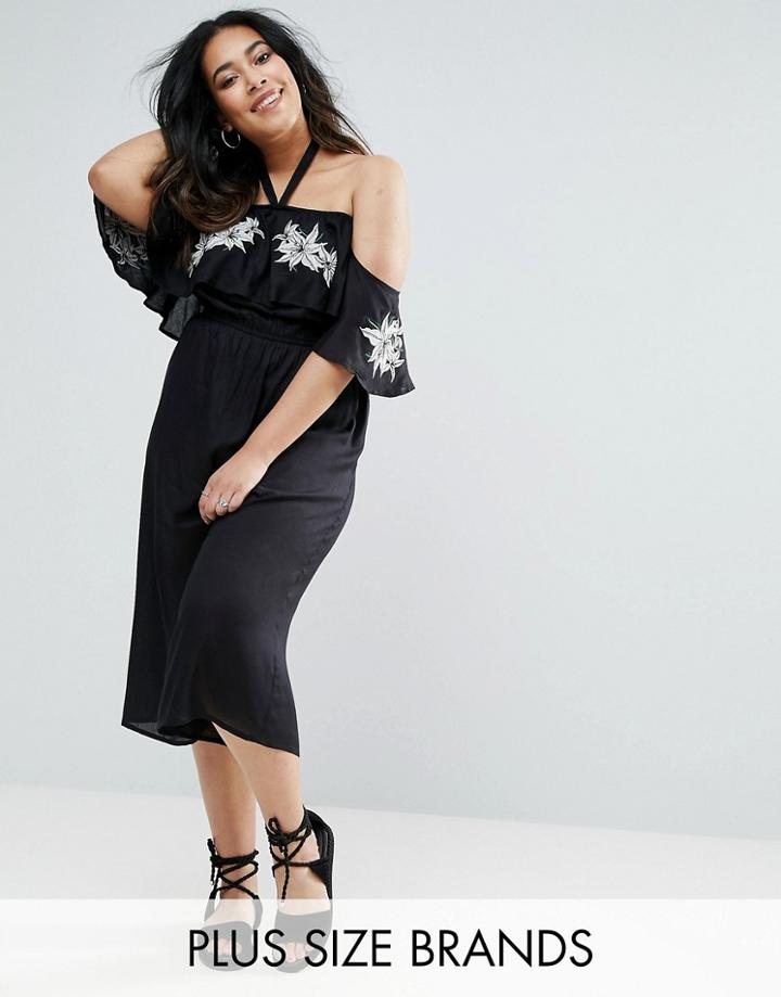 Diya Cold Shoulder Frill Jumpsuit With Floral Detail - Black