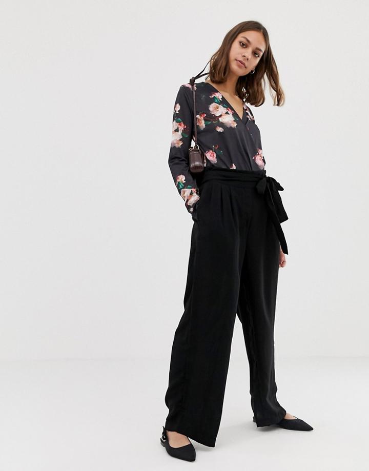 Pieces Kizzy Tie Waist Wide Leg Pants - Black