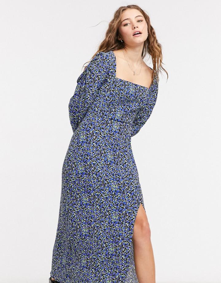Bershka Square Neck Midi Floral Dress In Blue