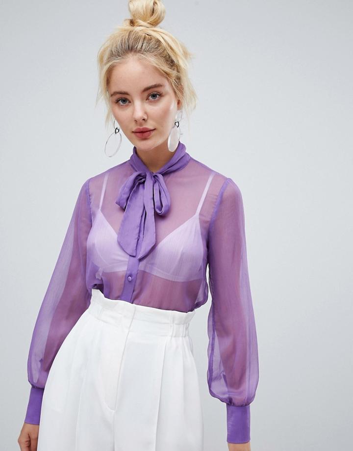 Fashion Union Sheer Tie Neck Shirt - Purple