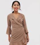 Outrageous Fortune Petite Ruffle Wrap Dress With Fluted Sleeve In Taupe-cream