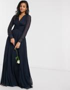 Asos Design Bridesmaid Ruched Waist Maxi Dress With Long Sleeves And Pleat Skirt-navy