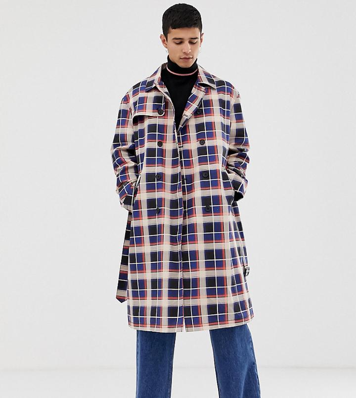 Collusion Trench Coat In Blue And Tan Check