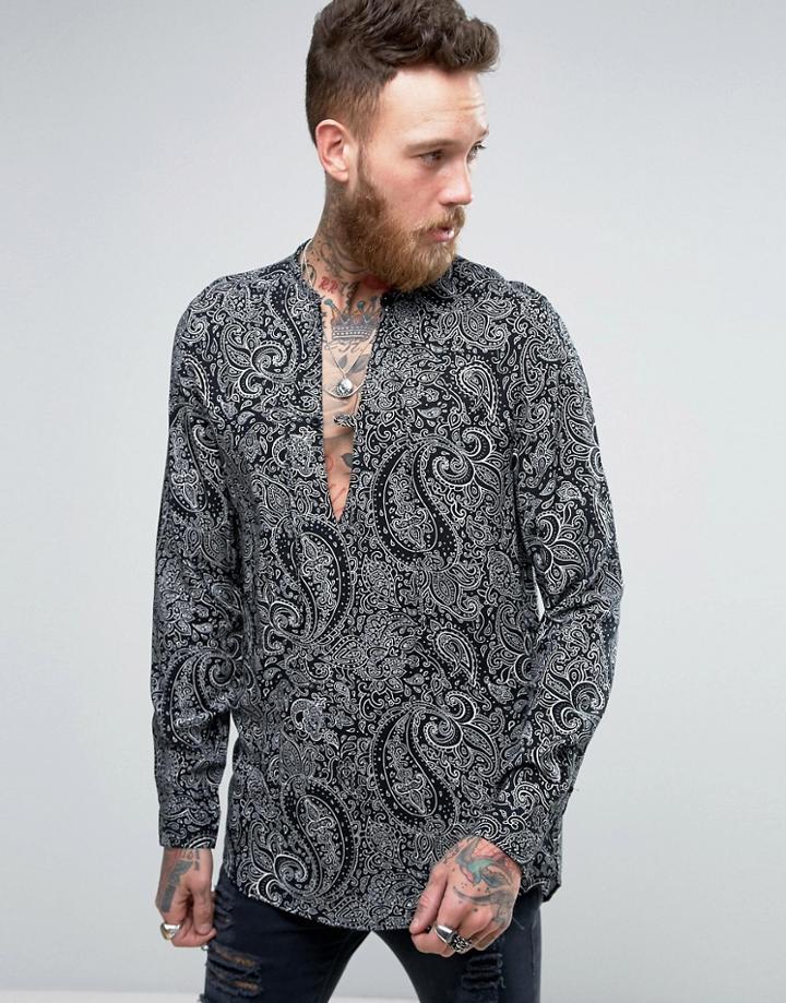 Asos Regular Fit V Neck Viscose Shirt With Paisley Print - Black