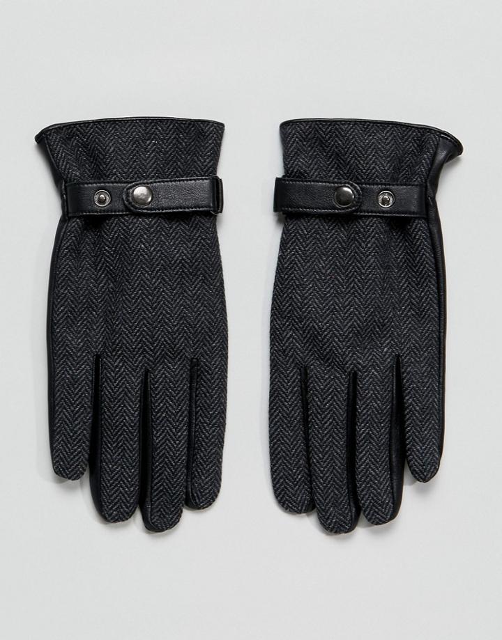 Asos Leather Gloves In Gray Herringbone - Gray
