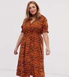 Influence Plus Shirred Sleeve Midi Dress With Button Down Front In Tiger Print - Multi