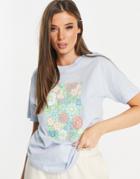 Monki Organic Cotton Floral Placement Print T-shirt In Blue