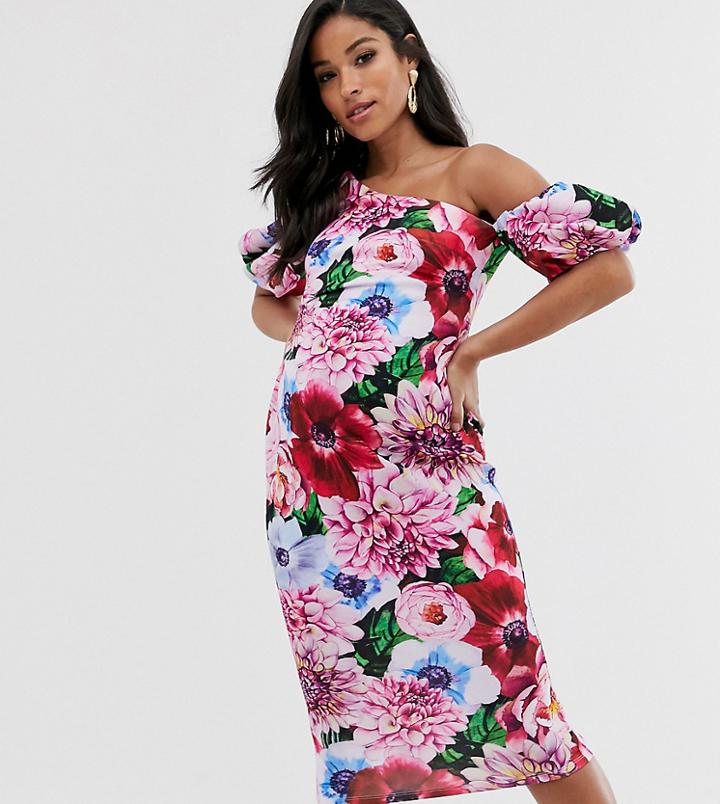Asos Design Maternity Bubble Sleeve Floral Bodycon Midi Dress-black