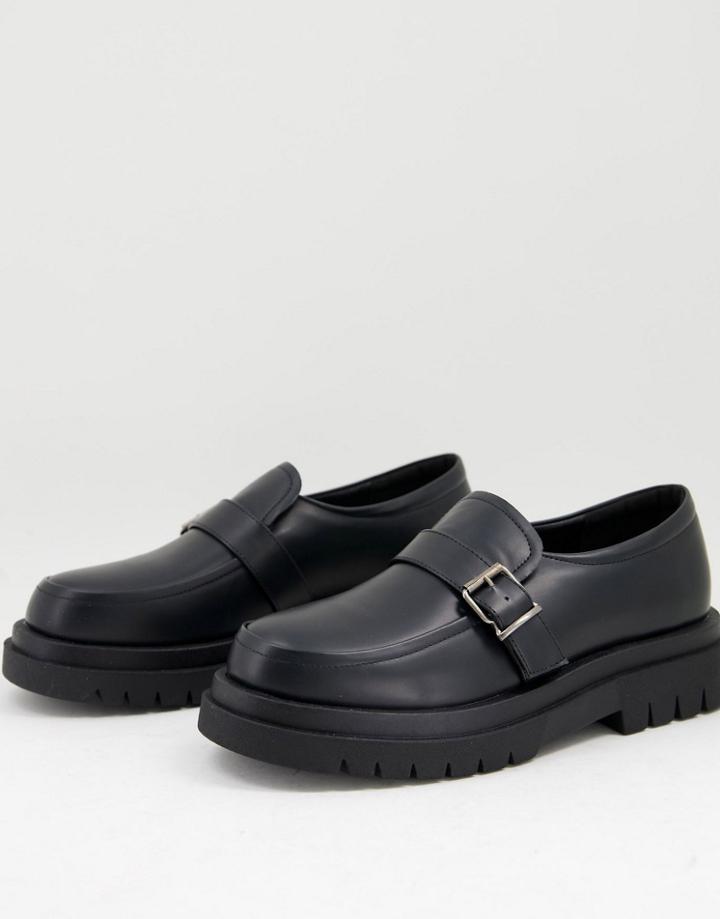 Truffle Collection Chunky Monk Shoes In Back Shiny Faux Leather-black