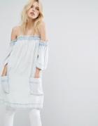 Blank Nyc Off The Shoulder Denim Top With Pockets - Blue