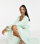 Asos Design Tall Tie Wrap Around Pleated Midi Dress In Texture In Mint Green