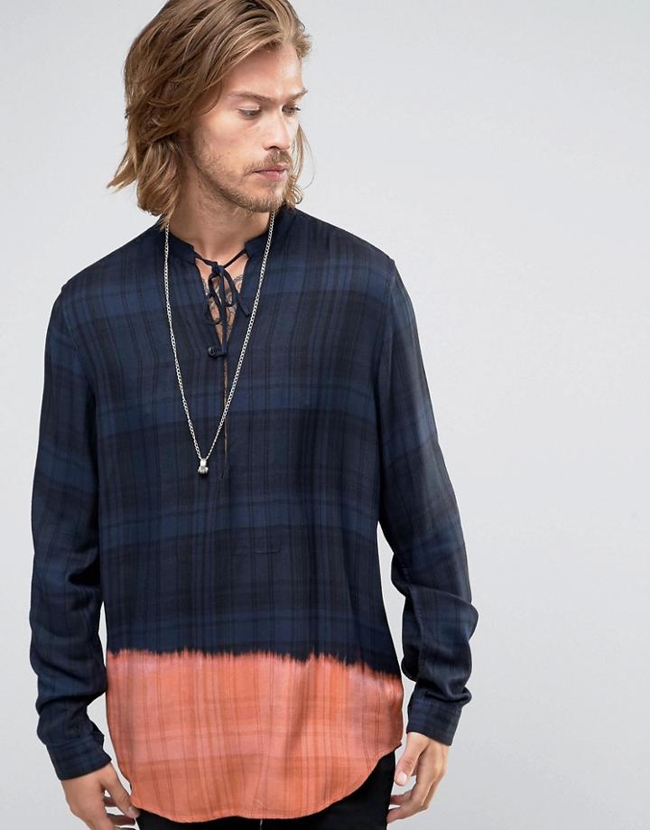Asos Longline Long Sleeve Over Head Checked Shirt In Regular Fit - Navy