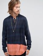 Asos Longline Long Sleeve Over Head Checked Shirt In Regular Fit - Navy