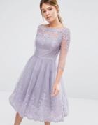 Chi Chi London Premium Lace Midi Prom Dress With Sleeve - Dusky Purple