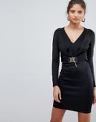 Lipsy V Neck Long Sleeve Dress With Chain Detail - Black
