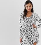 Asos Design Petite Smock Mini Dress With Button Through In Leopard Print - Multi