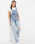 Asos Design Cotton Blend Denim '90's' Straight Leg Overalls In Midwash With Rips - Lilac-purple