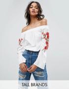 Parisian Tall Bardot Top With Rose Embroidery - White