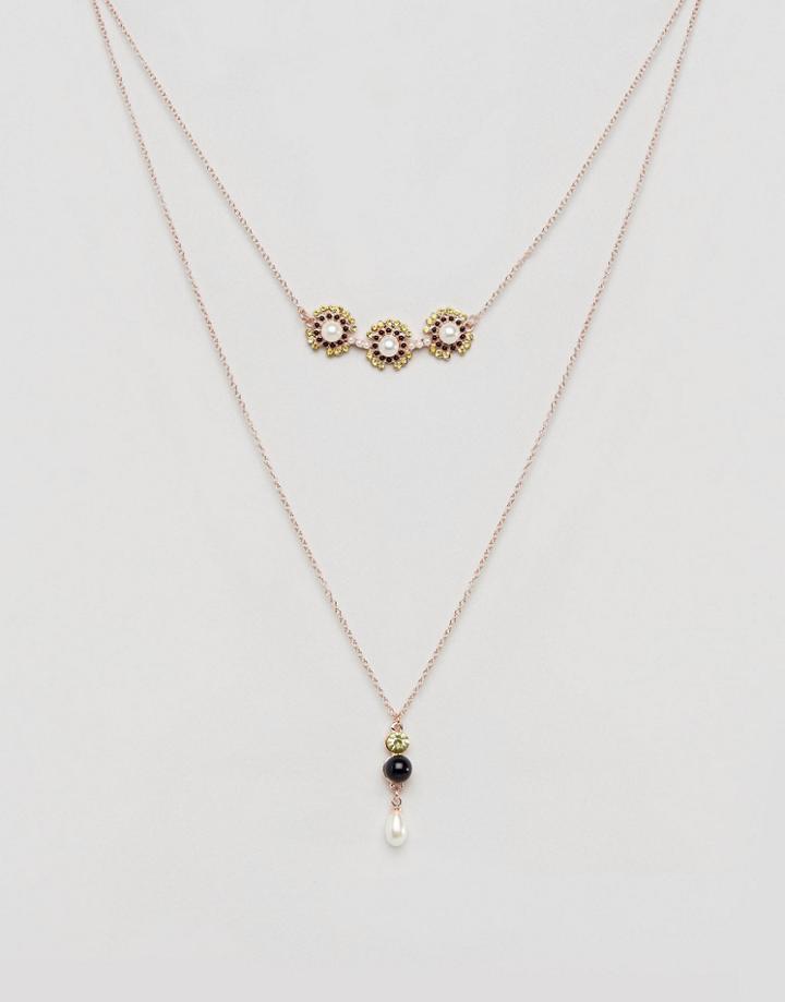 Johnny Loves Rosie Charcole Pearl Multilayer Necklace - Gold