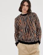 Asos Design Relaxed Fit Sweater In Zebra Design - Brown