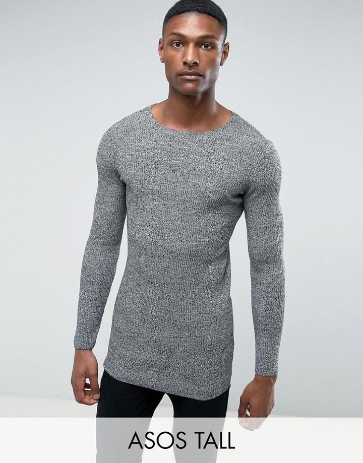 Asos Tall Longline Muscle Fit Ribbed Sweater In Black & White Twist - Gray