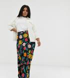 Neon Rose Plus Bias Cut Maxi Skirt In Retro Floral - Multi