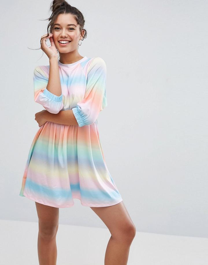 Asos Smock Dress With Elastic Cuff Detail In Tie Dye Stripe - Multi