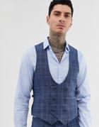 Gianni Feraud Slim Fit Linen Blend Check Suit Vest Double Breasted Scoop-blue