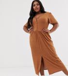 Asos Design Curve Jersey Crepe Maxi Tea Dress With Self Covered Buttons In Brown Spot - Multi