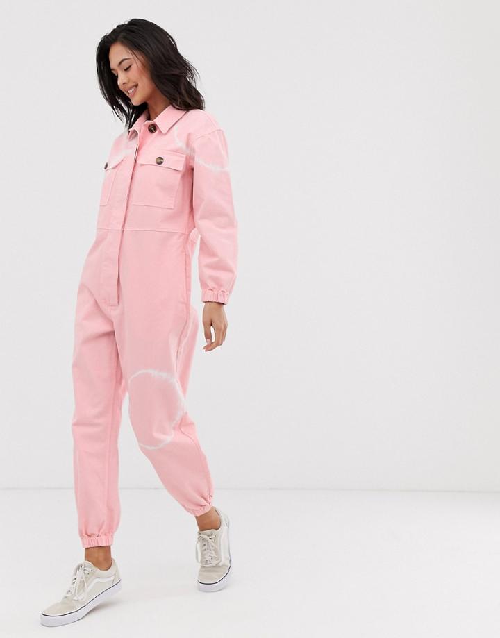 Asos Design Denim Tie Dye Jumpsuit In Pink