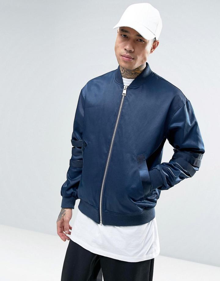 Asos Bomber Jacket With Multi Arm Straps In Blue - Navy