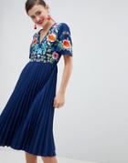Asos Design Pleated Embroidered Midi Dress - Navy