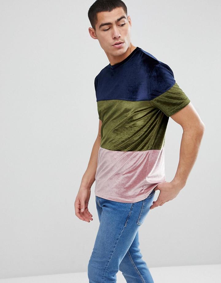 Asos T-shirt In Velour Color Block - Green