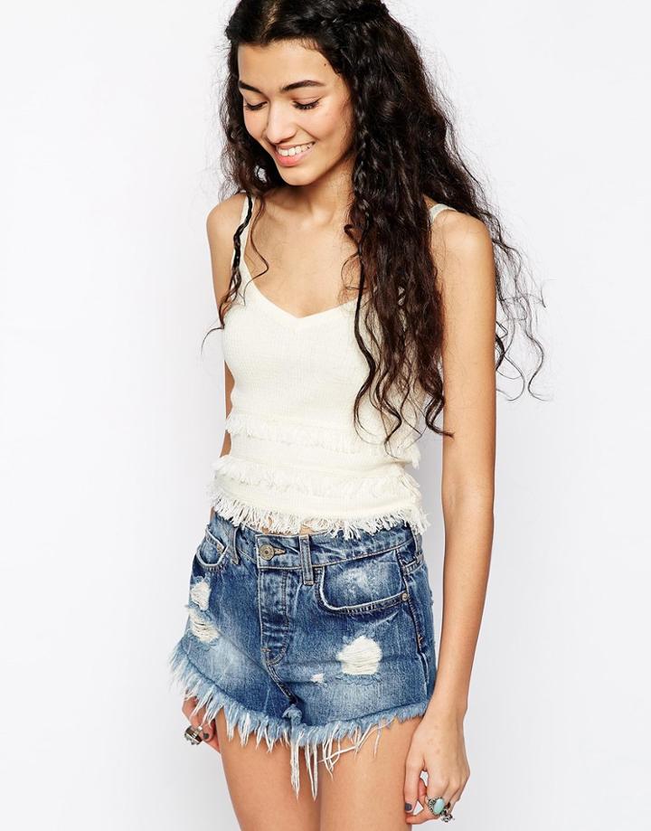 Asos Rib Knit Tank With Fringing - Cream